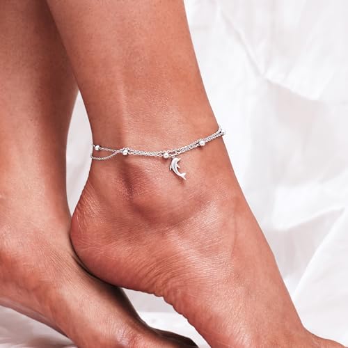 Image of CHIC & ARTSY 925 Sterling Silver Ankle Bracelets for Women, Adjustable Layered Foot Chains with Nature & Symbol Charms, Lightweight Comfort Fit Boho Beach Everyday Jewelry
