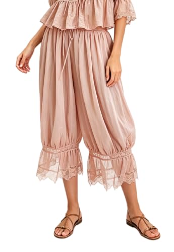 Image of UAURORAO Women Lace Trim Bloomer Pants Flowy Culottes Pantaloons Bloomers