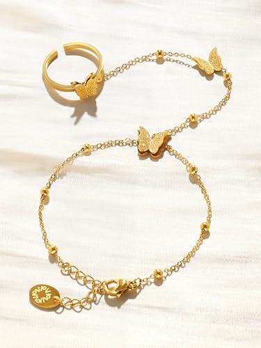 18K Gold PVD Coated Stainless Steel Butterfly Hand Chain Bracelet Ring Set, Adjustable 5
