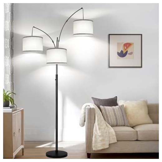Dimmable Floor Lamp, 3 Lights Arc Floor Lamps for Living Room, Modern Tall Standing Tree Lamp with Gray Linen Shade & Heavy Base, Large Floor Lamp for Bedroom Office, 3x1000 LM LED Bulbs Included