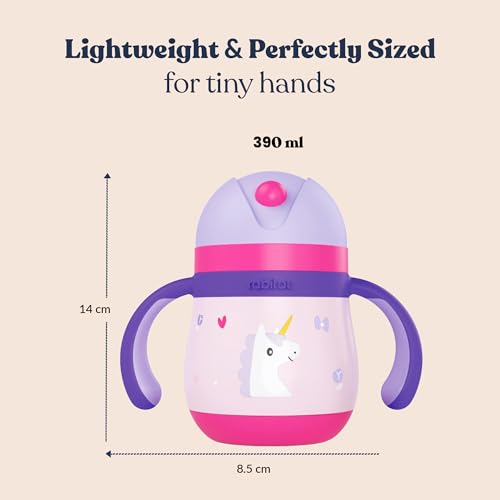 Image of rabitat Gravity EasyFlow Personalized Stainless Steel Sippy Cup 390 ml | 2 Years Brand Warranty | Leak Proof | BPA Free Soft Silicone Straw | Sippy Cup for Kids with Weighted Straw, Uni Pop