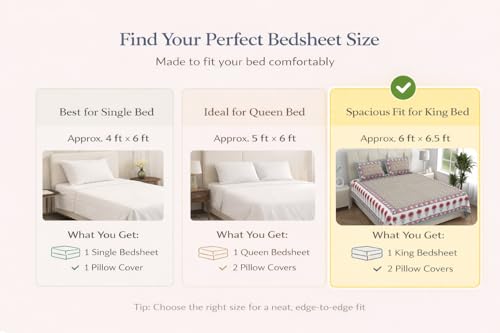 Image of ElanorHomes 240 TC Cotton Double King Size Bedsheet | Ultra-Soft & Skin-Safe | Breathable Summer Comfort | 93x108 inches with 2 Pillow Covers (Amber Motif)