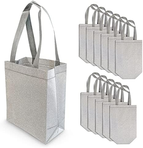 Silver Gift Bags - 12 Pack Small Silver Reusable Gift Bag Tote with Handles, Glitter Metallic Bling Shimmer, Eco Friendly for Kids Birthdays, Bridesmaids, Party Favors, Grocery Shopping - 6x3x8
