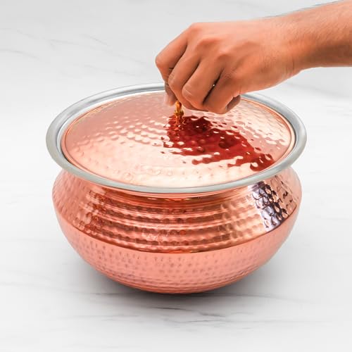 Healthsmith - Pure Copper Handi/Patila Set with Lid in Round Base - Biryani Pot Heavy Bottom - Strong & Durable - Good for Health & 100% Toxins Free - 3L, 1.3kg