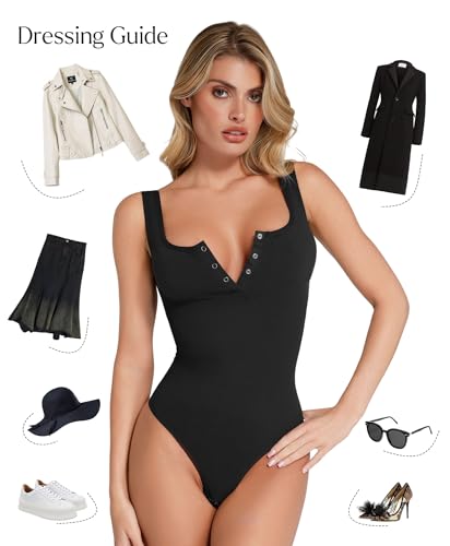 Popilush Bodysuits for Women Tummy Control Henley Going Out Outfits Shirts Body Suits Thong Button Down Tank Tops4