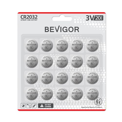 Bevigor 2032 Batería Compatible con AirTag CR2032 Lithium 3V Pila de Botón para Seguridad Infantil, Adecuada para llaveros, sensores Inteligentes, básculas y más (CR2032-20)