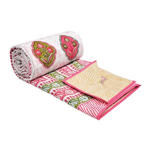Image of BLOCKS OF INDIA 100% Cotton Dohar King Size Reversible Hand Block Printed Malmal Summer Dohar /Blanket (Pink Rose)-300 TC