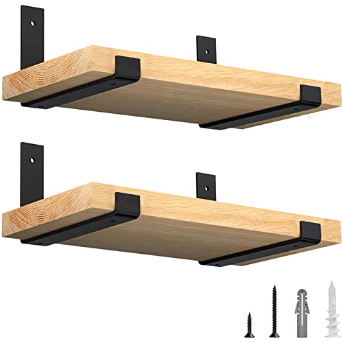 LuckIn 10 Inch Wall Shelf Brackets (Fit 9.25' Board) 4-Pack, Heavy Duty Black Iron, Garage, Kitchen, Bathroom Floating Shelf Hardware