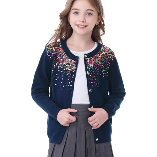 Rolanko Girls Cardigan Sparkling Sequin Kids Knit Button Up Sweater Cardigan Long Sleeve 4-11 Years4