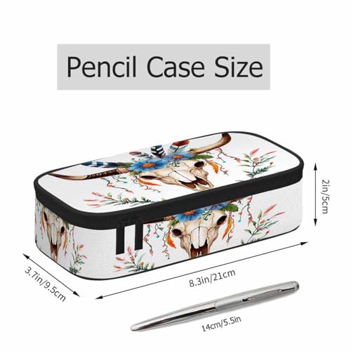 Image of Cow Skull Pencil Holder Bag Bull Head Flowers Feathers Boho Style Pencil Case College Office School for Teens Boy Girl