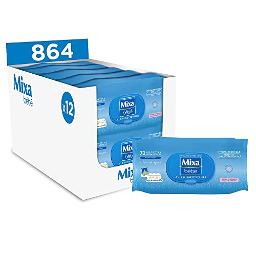 Mixa Bébé Lingettes à l'Eau Nettoyante - Hypoallergénique - Testé sous contrôle pédiatrique - Fibres d’origine végétales - Lot de 12x72, 864 lingettes