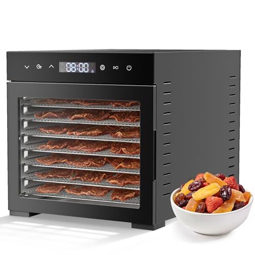 OLIXIS Food Dehydrator Machine, 500W Jerky Dehydrators with 8 Stainless Steel Large Trays, 185°F Temperature Control & 24H Timer Food Dryer for Fruit Meat Herb Dog Treats, Black