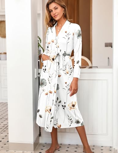 Image of Ekouaer Women Kimono Robes Full Length Knit Bathrobe Lightweight Soft Sleepwear V-neck Casual Ladies Loungewear S-XXL
