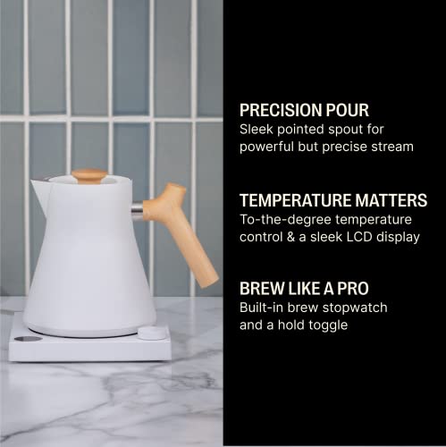Image of Fellow Corvo EKG Electric Tea Kettle-Electric Pour Over Coffee and Tea Pot-Quick Heating Electric Kettles-Temperature Control & Built-In Brew Timer-Matte White with Maple Handle-0.9 Liter