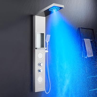 POPFLY Shower Panel with Shelf, LED Shower Tower with Mist ? Rainfall System, 2 Body Spa Jets and Tup Spout, 304 Stainless Steel Shower Tower Column, Brushed Nickel