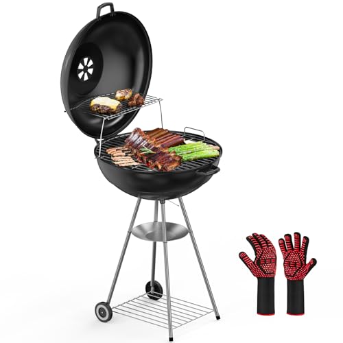Barbacoa de carbón con tapa Barbacoa de carbón, 57 cm, parrilla y tapa de primera calidad, con guantes de barbacoa - barbacoa para 4-8 personas, para camping y fiestas en el jardín