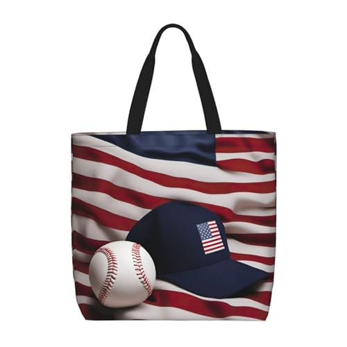 American Flag And Baseball Print Tote Bag Large Women Casual Shoulder Bag Handbag For Outdoors Holiday Weekender Travel Gifts