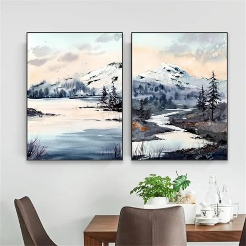 Peinture sur toile de paysage abstrait et aquarelle de pins pour décoration murale grand format