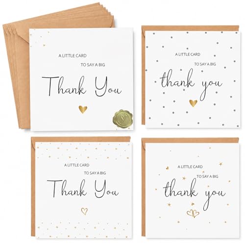 Tayenura 20 Pack Thank You Cards with Envelopes 4 Gold Print Heart & Star Designs 300gsm Blank Thank You Cards Multipack Bulk Thank You Notes for Wedding Teacher Small Business 145x145mm