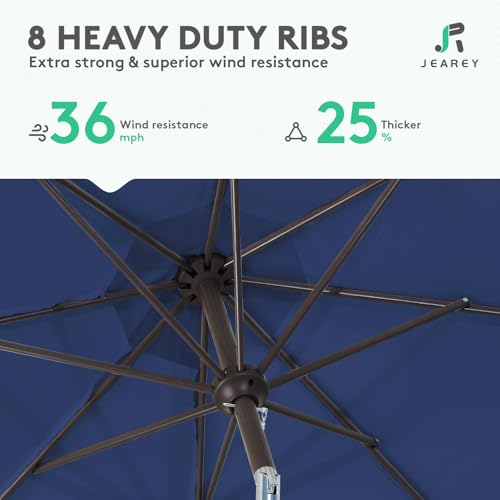 Image of JEAREY 9FT Outdoor Patio Umbrella Outdoor Table Umbrella with Push Button Tilt and Crank, Market Umbrella 8 Sturdy Ribs UV Protection Waterproof for Garden, Deck, Backyard, Pool (Dark Blue)
