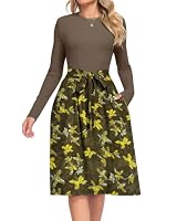 AUSELILY Damen Kleid Langarm Knielang Taillenband – Ansicht 2