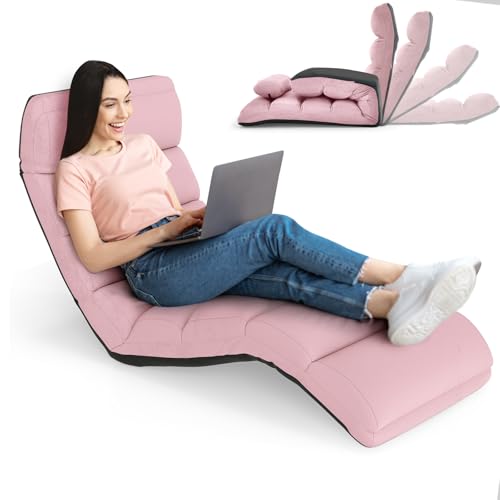 RELAX4LIFE Méridienne en Daim Réglable en 5 Positions 90°-180°et Oreiller, Chauffeuse 1 Place Convertible Rembourrée, Fauteuil Relaxant au Sol pour Bureau, Salon,Chambre, 175x55x20CM(Rose)