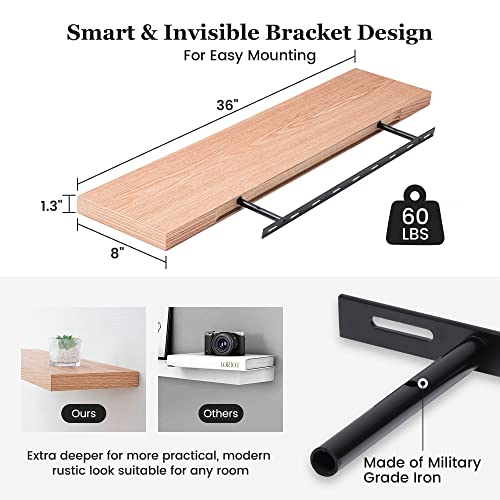 Floating Shelves 36 x 8 Inch, Rustic Wood Floating Shelves for Home Decor, 8 Inch Deep Wall Shelves for Storage & Display, 8 Deep Floating Shelf for Living Room, Bedroom, Kitchen, Natural Oak Color - Image 6