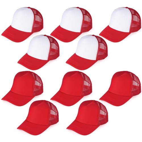 10 PCS Sublimation Blank Trucker Hats Red, Plain Trucker Cap Foam Front High Crown Mesh Back Trucker Hat, DIY Custom Baseball Caps Bulk Adjustable Snapback for Men Women