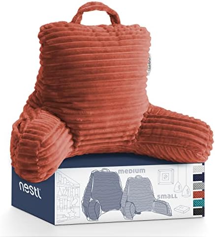 Nestl Cut Plush Striped Reading Pillow for Kids & Teens, Small Back Pillow, Back Support Pillow, Shredded Memory Foam Bed Rest Pillow with Arms, Misty Rose