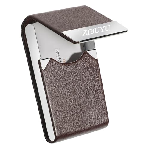 Image of ZIBUYU Business Card Holder Metal Visiting Card Case Classy Card Holder for Women & Men PU Leather Wallet Card Case with Metal Magnetic Clasp, 20 Cards (6x9.5cm) - Coffee Brown