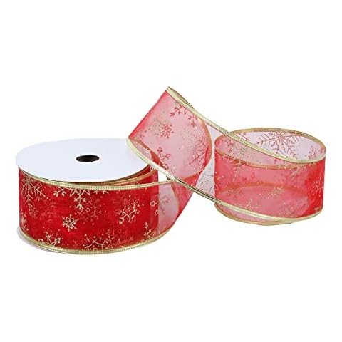 Arquiel 6.3cm x 45.7m Organza Ribbon Wired, Glitter Snowflakes Ribbons Ornaments for Gift Wrapping Bow DIY Crafts Home Decor, Red Cover