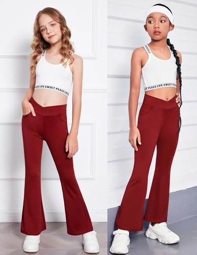 Image of Zaclotre Girls Flare Leggings High Waisted Yoga Pants with Pockets 5-16 Y