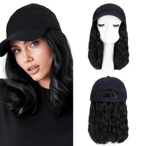 8 Inch Baseball Cap With Hair Extensions BOB Synthetic Hair With Attached Black Hat With One Piece Hair Extensions For Women