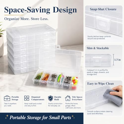 Set de 10 cajas organizadoras pequeñas transparentes para pesca, 8.2 x 4.6 x 1.3 pulgadas, almacenamiento plástico transparente para accesorios de pesca, cuentas, tornillos y manualidades miniatura 5