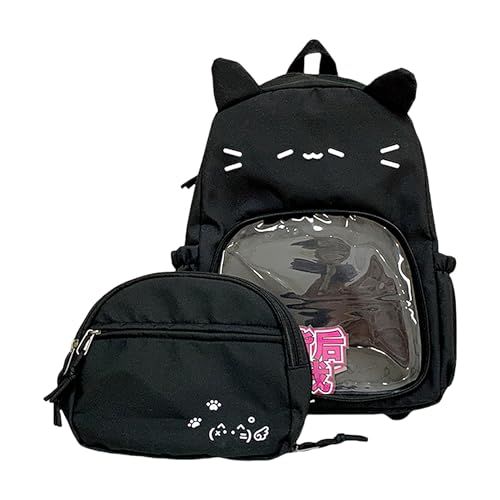 Mochila Kawaii Chick com bolso frontal destacável casual design de rosto de gato para convenções e uso diário 13L, Gato preto, Medium