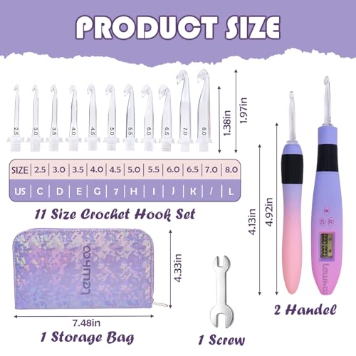 Image of Lewhoo Lighted Crochet Hooks Set, 11 Size Light up Rechargeable Crochet Needle for Fluffy Yarn with Counter 2.5-8.0mm, Ergonomic Handle with Screw Gradiant Purple Glow in Dark