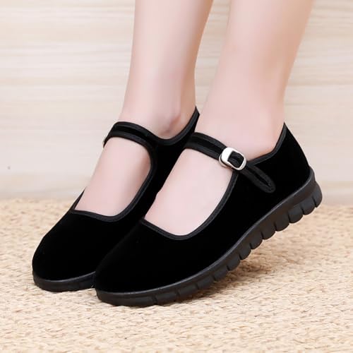 Flats Mary Jane Shoes Women Velvet Ballet Dance Shoes Old Beijing Cloth Footwear Black Size 7.5
