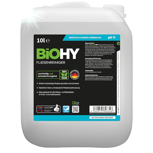 BiOHY Fliesenreiniger (10 Liter Kanister) | Bio Reiniger für Wand- & Bodenfliesen aller Art | Intensiver Kalkentferner | Streifenfreie Reinigung für Wohnzimmer, Küche & Bad | Innen & Außenbereich