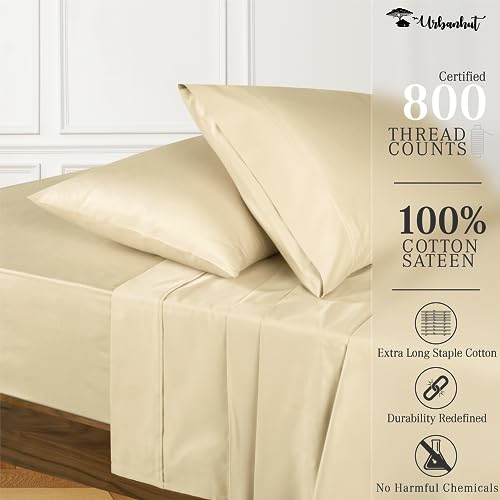 URBANHUT 800 Thread Count Egyptian Cotton Sheets Set King Size, Long Staple, Soft & Breathable, 4 Pc Bed Sheet Sets for King Size Bed, Luxury Hotel Sateen Sheets Fits 16" Deep Pocket - Sand