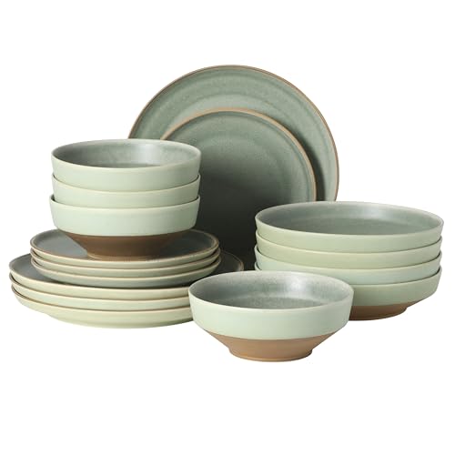Image of Gibson Elite Octavia Place 16 Piece Stoneware Dinnerware Set, Service for 4, Coupe Modern Plates & Bowls, Reactive Glaze Finish, Green, Microwave & Dishwasher Safe