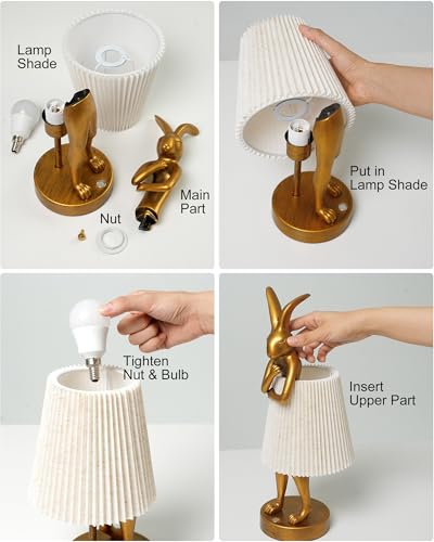 Bunny Rabbit Cordless Table Lamp – 5000mAh Rechargeable Battery Powered LED Night Light Cute Vintage Animal Desk Bedside Lamp with Linen Shade for Kids Room Nursery Home Decor Gift (Pattern)