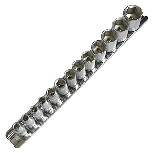 Dapetz ® Socket Set 1/4 inch Drive Metric 6 Sided Hex Hardened and Tempered Chome Vanadium Steel with Satin Finish Sockets on Rail 13 Piece 4mm - 14mm