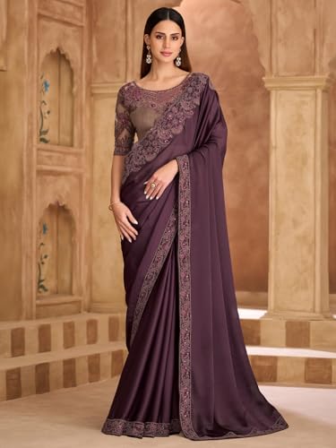 Image of AKHILAM Women's Satin Sequence Embroidery Saree With Unstitched Blouse Piece(SNDLWOD1601 TFH Parent)