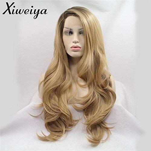 Xiweiya Long Wavy Hair Ombre Blonde Lace Wigs with Light Brown Roots 13x3 Lace Side Part Synthetic Lace Front Wig Heat Resistant Fiber Blonde Wigs for Women Daily Wear 24” - Image 3