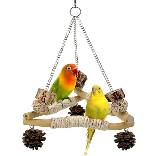 Jevnd Bird Swing for Cage with Chew Toys, 3 Sisal-Wrapped Parrot Perches & Stable Triangle Design, Wooden Hanging Parakeet Toys Swing for Cockatiel Lovebirds Conures Quaker Balance Training (S)