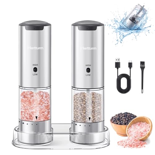 MERTTURM Moulin à Poivre Électrique Rechargeable, Moulins Sel Poivre Automatique avec Externe Grossièreté Réglable, Récipient Transparent Lavable de 95ml, Idéal pour Cuisine, BBQ, Camping(2 Pcs)