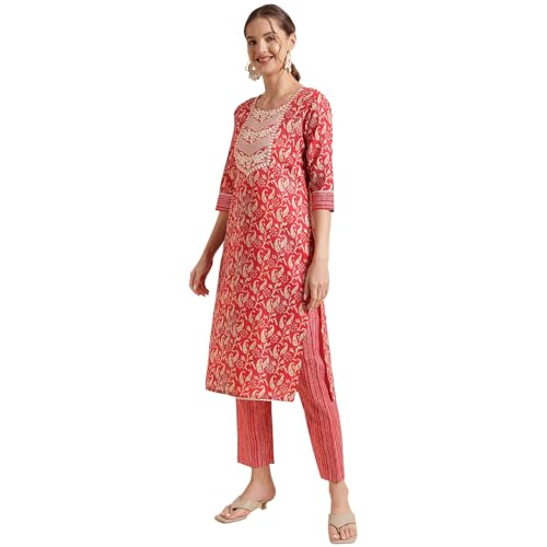 Image of NAINVISH Cotton Blend Kurti Pant & Dupatta | Kurta Set for Women | Women Kurta Pant Dupatta Set | Kurta Pant with Dupatta Set | Embroidered Kurta Pant Dupatta Set