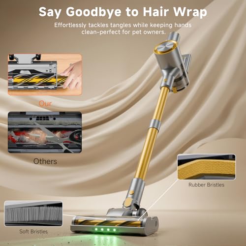 Image of Cordless Stick Vacuum Cleaner - Rechargeable,45Kpa Powerful Suction Vacuum for Home,45Mins Runtime,Detachable Battery,Anti-Tangle, 8 in 1 Lightweight Vacuum for Pet Hair Carpet Hardwood, Yellow