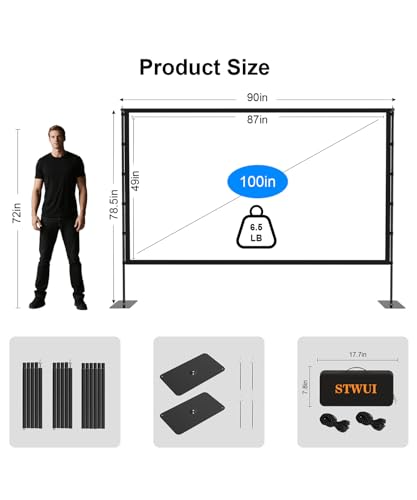 Image of STWUI Projector Screen with Stand - 100 Inch Outdoor Projector Screen Portable Projector Screens 16:9 4K HD Outdoor Movie Screen with Carry Bag Can Enioy Home Theater Projection Screen