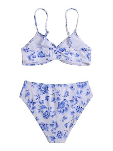 Image of COZYEASE Girls' 2 Piece Ditsy Floral Print Knot Front Ruched Triangle Bikini Swimsuit